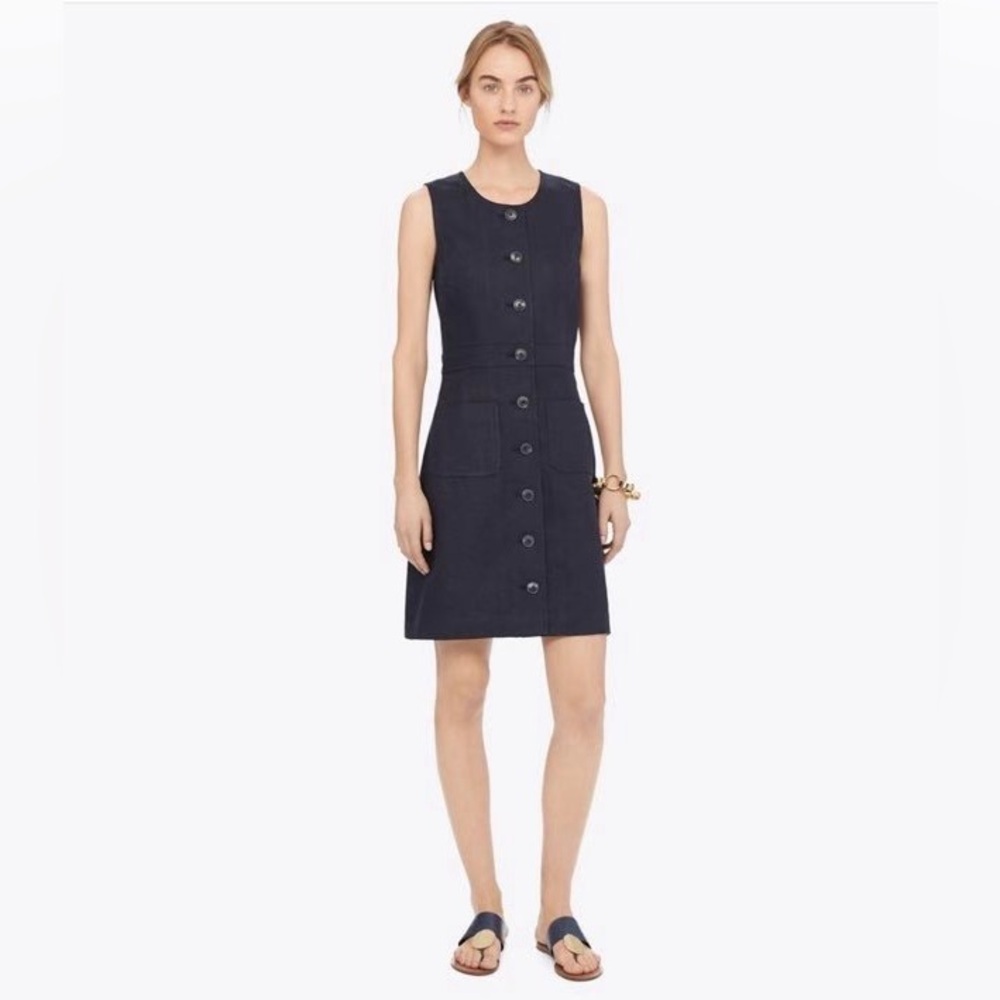 NWT Tory Burch Navy Button-Front Linen Shift Dress Size 6